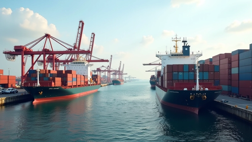 Hafenanlage mit Containerschiffen und Kränen, Containerumschlag bei Tageslicht