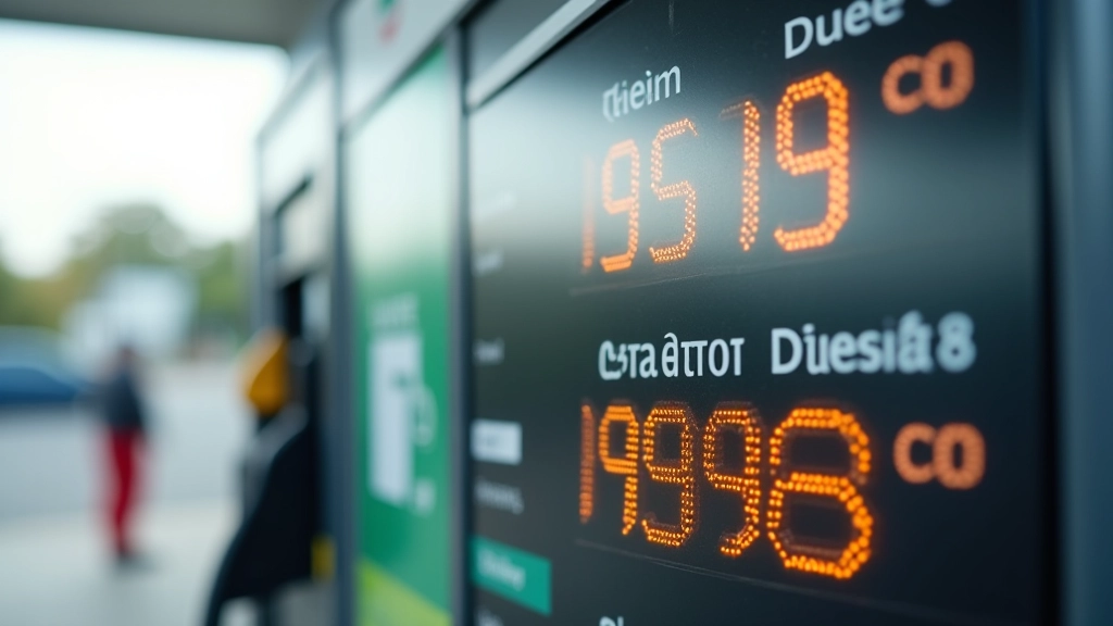 Zapfsäule an einer Tankstelle mit Preisanzeige für Benzin und Diesel