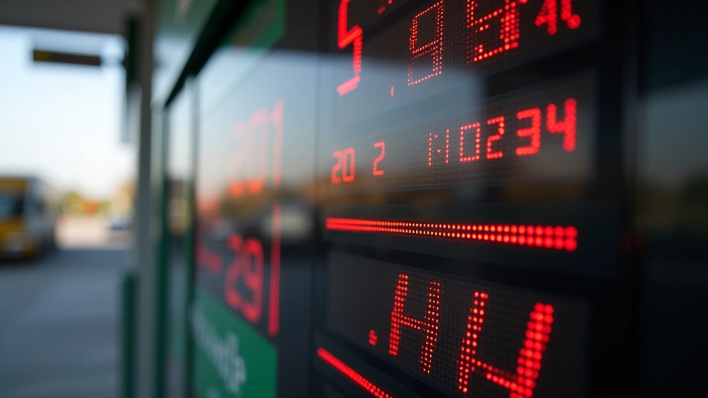 Detaillierte Nahaufnahme eines modernen Preis-Displays an einer Tankstelle mit Zentanzeigebrett und digitalen Zahlenangaben