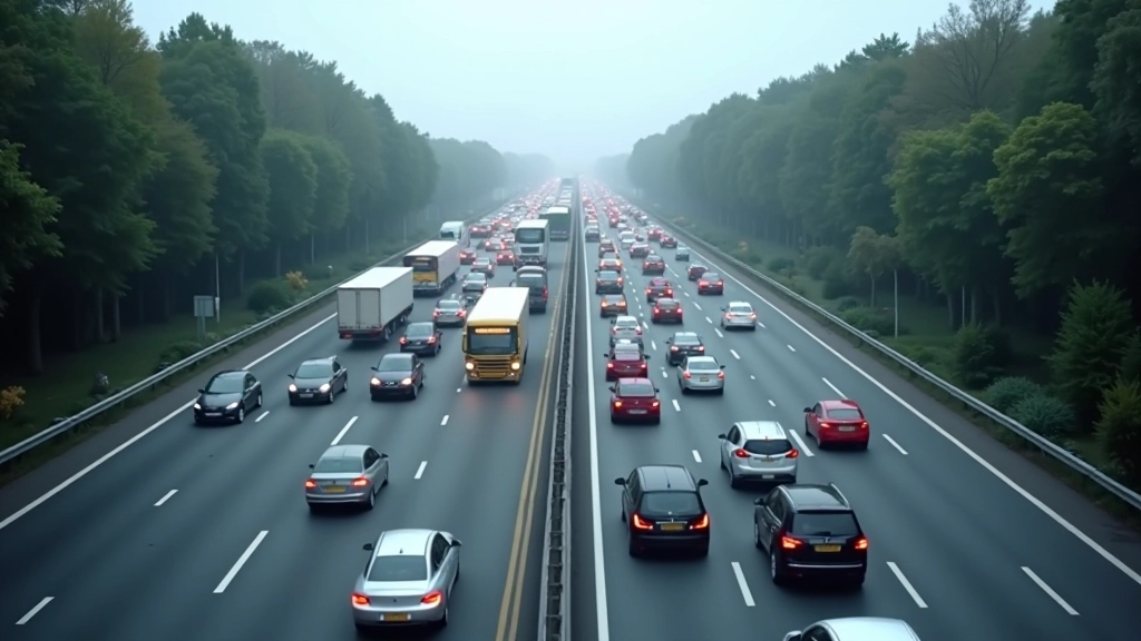 Verkehrsstau auf Autobahn mit mehreren Spuren voller Fahrzeuge während des Tagesverkehrs unter bewölktem Himmel