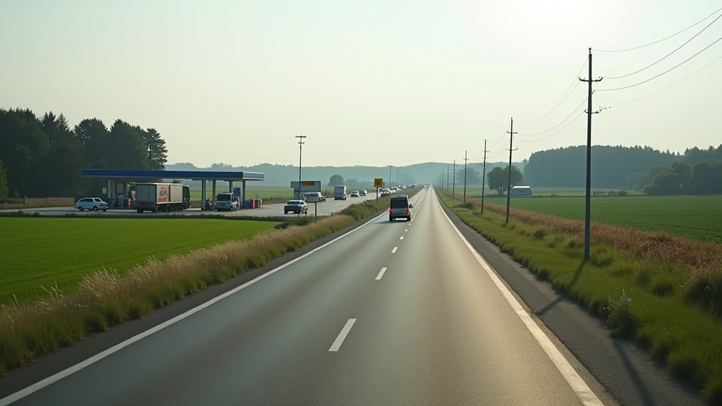 Straßenszene mit mehreren Tankstellen-Markern auf der Fahrbahn, Autofahrer auf einer Landstraße mit Tankstellen in Sicht