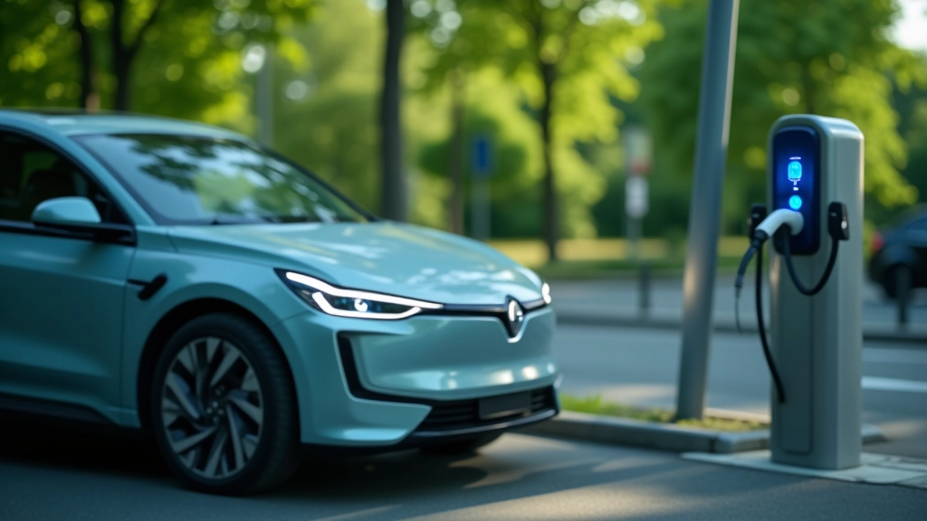 Modernes Elektroauto an einer Ladestation mit leuchtender Anzeigetafel und grüner Umgebung bei Tageslichtstrahlung