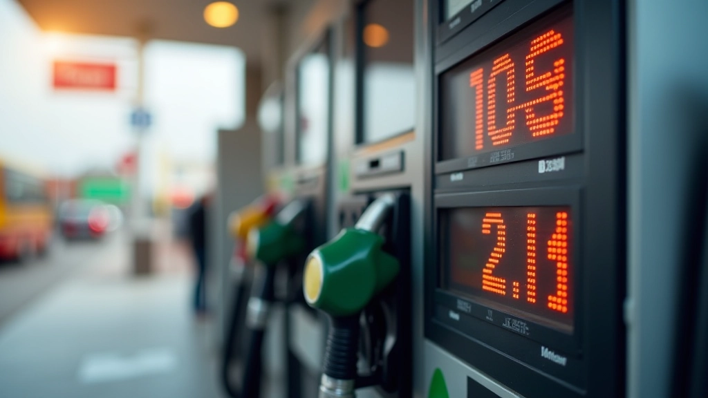 Moderne Tankstelle mit digitalen Preisanzeigen für Benzin und Diesel