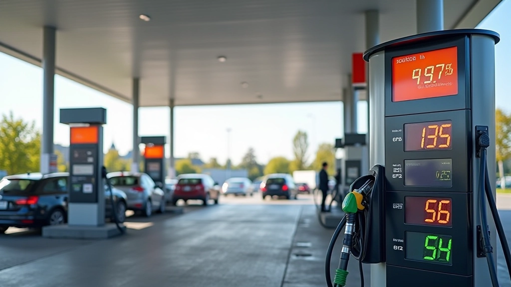 Fahrzeugkolonne an Tankstelle mit modernem Preis-Display und verschiedenen Fahrzeugen während des Morgenverkehrs