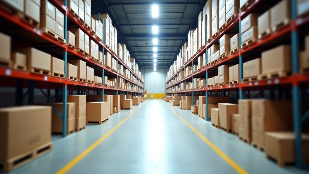Lagerhalle mit Regalen und Paketen, moderne Logistikanlage mit LED-Beleuchtung