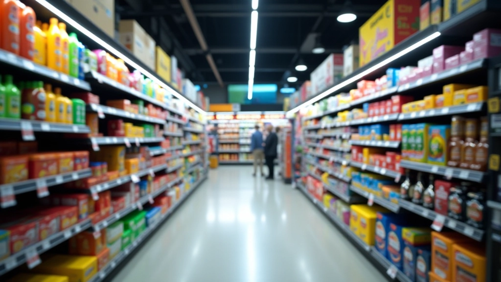 Supermarkt-Regale mit verschiedenen Produkten und Preisschildern an den Regalen