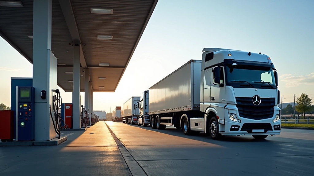Dieseltankstelle für Lastwagen mit mehreren Fahrzeugen in der Warteschlange