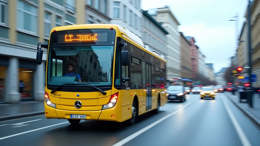 Gelber Linienbus auf einer belebten Stadtstraße während des Berufsverkehrs